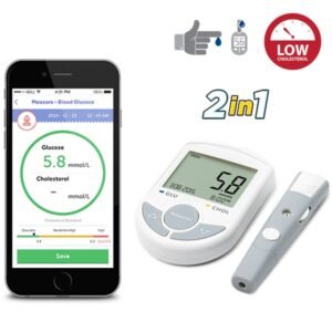 2in1 Blutzucker- und Cholesterinmessgerät an Smartphone angeschlossen