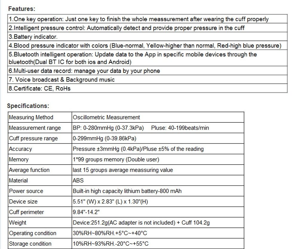 SIFBPM-2.3 Arm Wireless Blood Pressure Monitor specification 