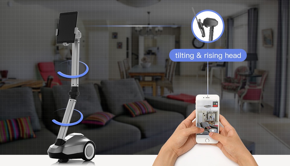 Telepresence Robot SIFROBOT-4.0 with a Stretchable Fixture Supports 8 and 10" Tablet at home